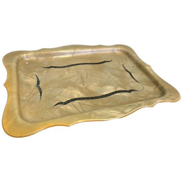 Vintage Decorative Tray Marbled Beige Black Scalloped Edge Vanity Girly Decor - Picture 2 of 7